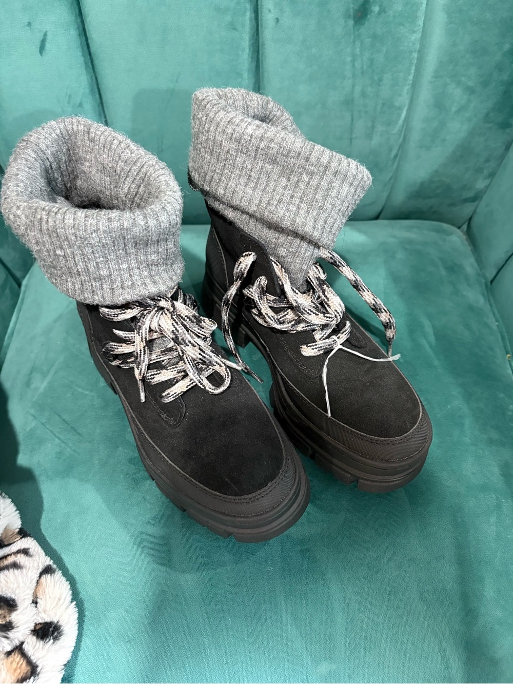 UGG Black Lace-Up Platform Boots with Gray Knit Cuff